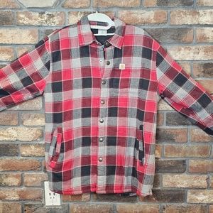 Carhartt Fleece Lined Button Down Snap RedGray Plaid Flannel Boys Large 14-16